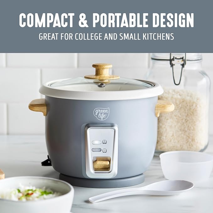 GreenLife Rice Cooker, 3-Cups Uncooked/6-Cups Cooked, Gray | PFAS-Free Ceramic Nonstick Removable Pot, One-Switch Design, Grains Multicooker, Keep Warm, Dishwasher Safe Parts, Easy Clean