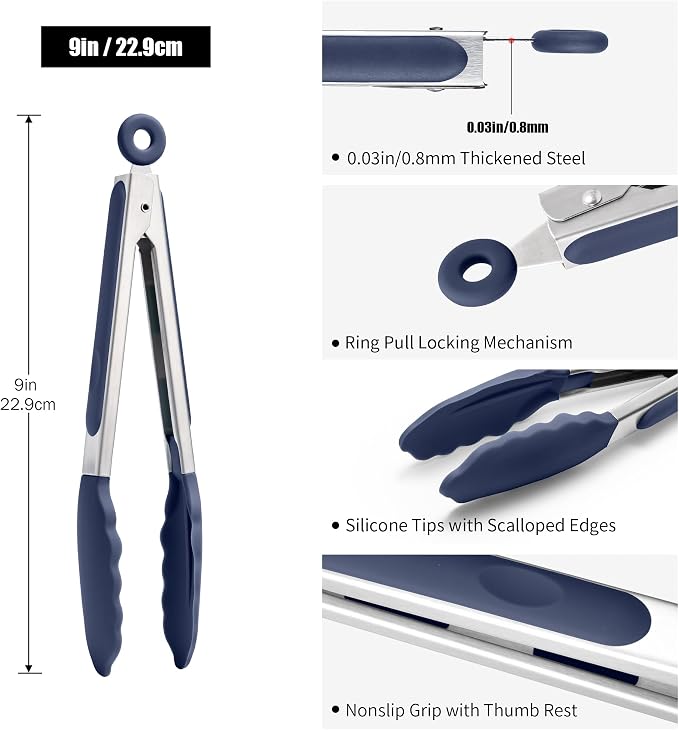 Doosu Kitchen Tongs with Silicone Tips for Cooking Serving (9in, Navy Blue) | 600°F Heat Resistant Food Tong, Heavy Duty Stainless Steel Locking Tong for BBQ, Grilling Steak, Salad, Toast, Pasta