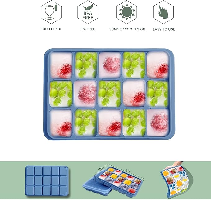 Tvmania Ice Cube Trays Set of 2, 15-Cube Silicone Molds with Removable Lids | Stackable, easy release, BPA-free, reusable, for freezer and whiskey