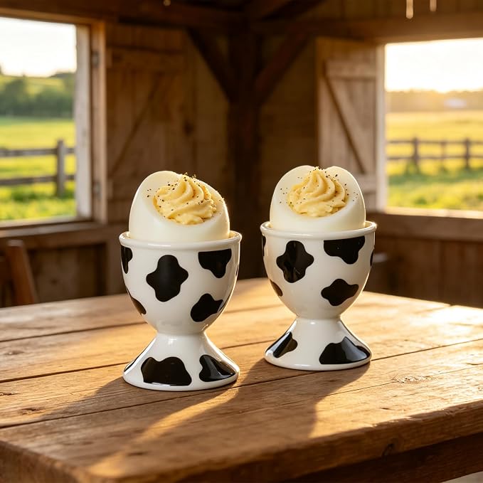 Cinf Ceramic Egg Cups, Set of 2, Cow Print Boiled Egg Holders for Breakfast | Set of 2 ceramic egg cups, classic white design, easy to clean, ideal for boiled eggs, breakfast serving and holiday gifting