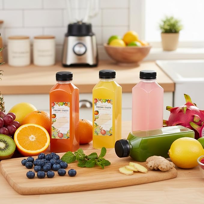 6pcs 16oz Plastic Juice Bottles with Caps, Sticker Labels, Brush | Reusable Clear Juice Bottles with Caps and Labels, Funnel, Brush Beverage Containers for Juicing, Smoothies, Tea, Milk
