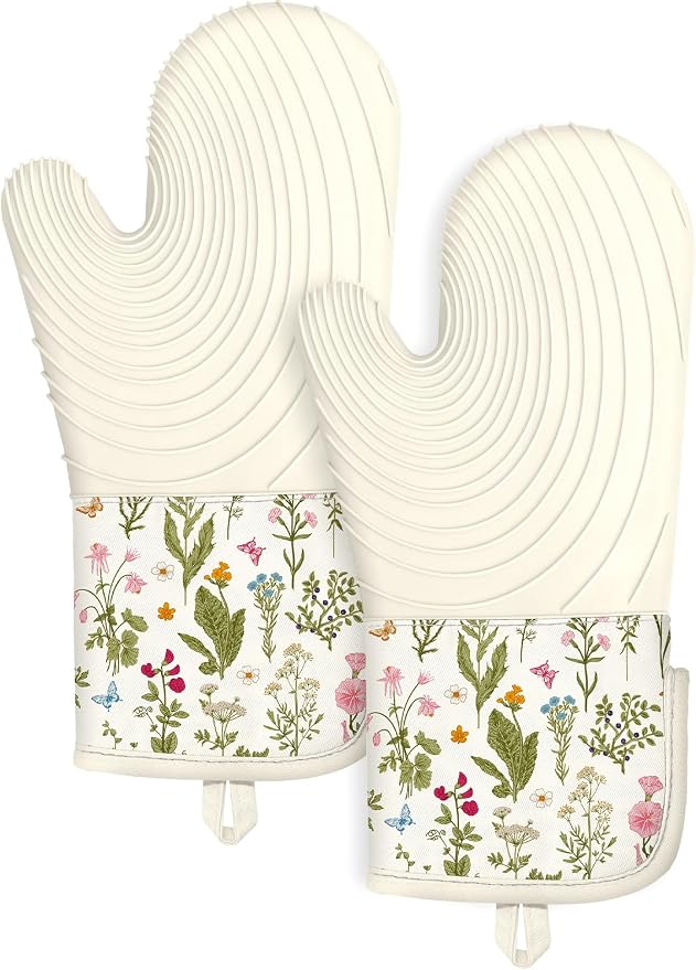 Slohif Long Silicone Oven Mitts Heat Resistant for Women - 2 Pcs Beige Floral 100% Cotton Oven Gloves, Non-Slip and Waterproof Silicone Oven Mitts with Hanger for Baking and Cooking