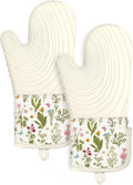 Slohif Long Silicone Oven Mitts Heat Resistant for Women - 2 Pcs Beige Floral 100% Cotton Oven Gloves, Non-Slip and Waterproof Silicone Oven Mitts with Hanger for Baking and Cooking