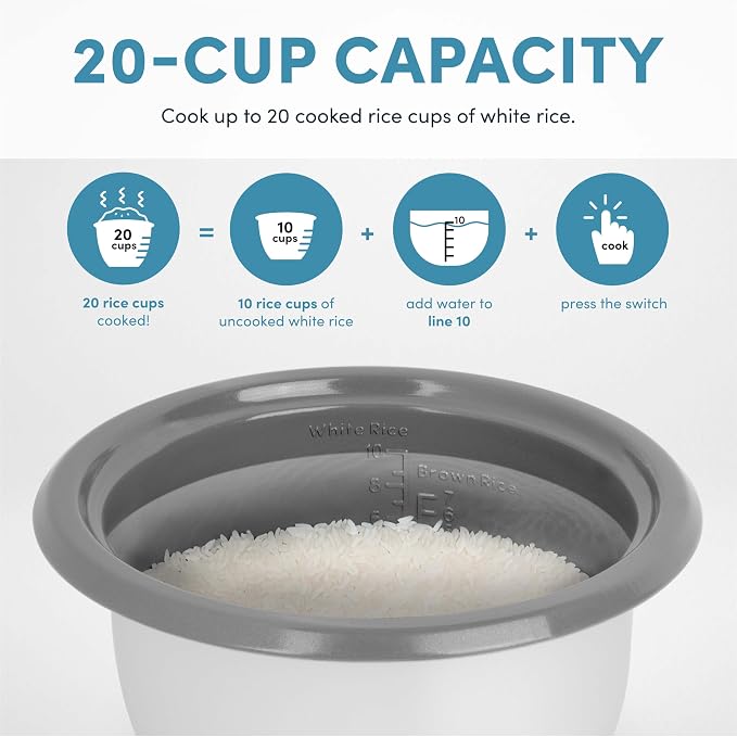 AROMA Rice Cooker, 10-Cup (Uncooked) / 20-Cup (Cooked), Steamer, Auto Keep Warm, Soup Maker, Oatmeal Cooker, Large Rice Cooker, 5 Qt, White, ARC-360-NGP