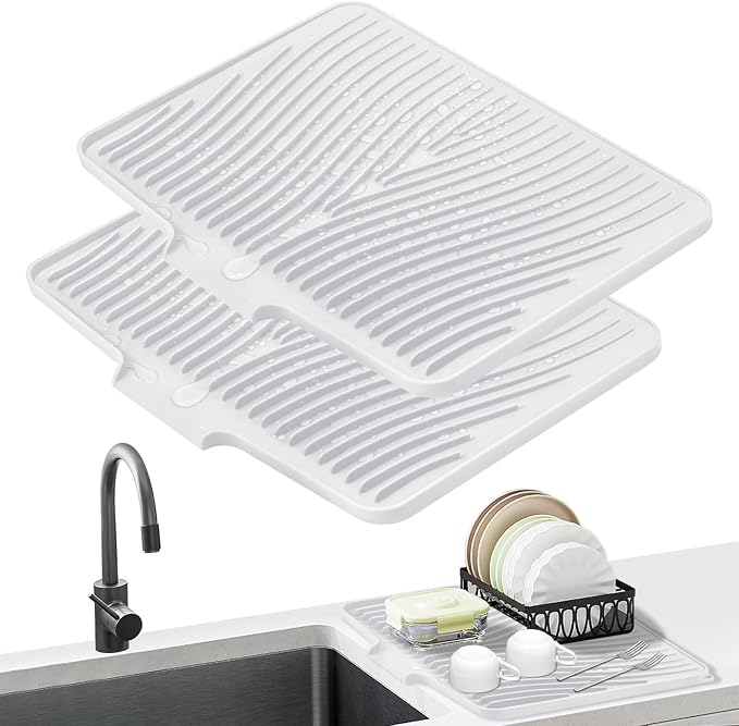 TIKNIK Silicone Dish Drying Mat for Kitchen Counter, White-2pcs, 20" x 15" | Heat Resistant & Non-Slip Dish Drain Pad with Built-In Drain, Dishwasher Safe, Quick-Dry, Hangable & Roll-Up for Storage