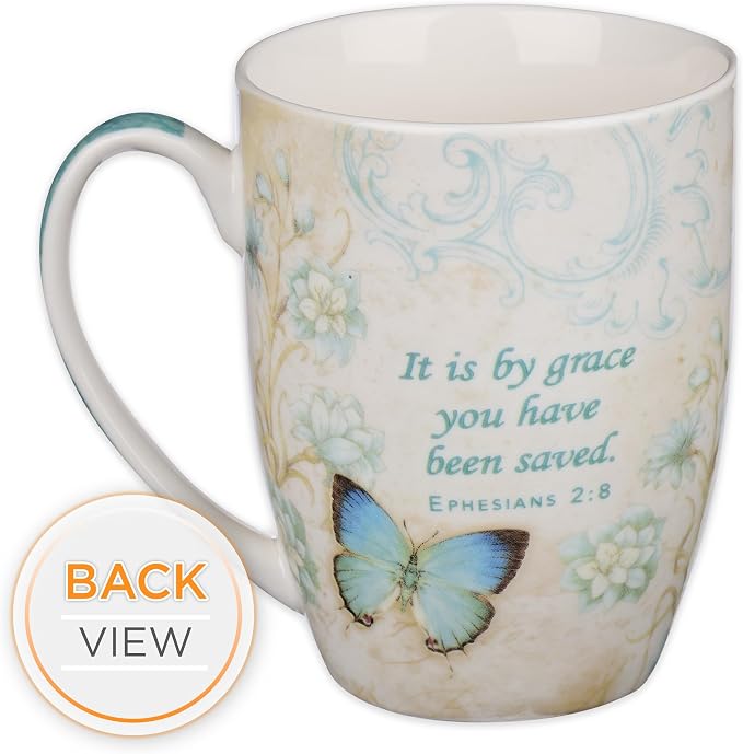 Christian Art Gifts Botanic Blue Butterfly Ceramic Coffee Mug – Inspirational Coffee Cup for Women & Men 12 oz. Lead-free Microwave and Dishwasher Safe Coffee Mug with Bible Verse: Grace - Eph. 2:8
