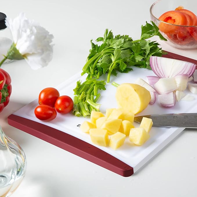 Empune BPA-Free Plastic Cutting Board for Kitchen with Juice Grooves, Extra Large Dishwasher Safe Cutting Boards Set of 4 with Handles, Thick Non-Slip Chopping Board for Meat, Fruit and Chicken, Red