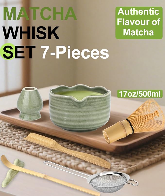 JBER Matcha Whisk Set, 7PCS Matcha Set with Bamboo Whisk for Matcha Lovers | Ceramic Matcha Kit Includes 17oz Bowl, Whisk (Chasen) 100 Prongs, Holder, Spoon, Sifter for Matcha Beginners, Mottled Green