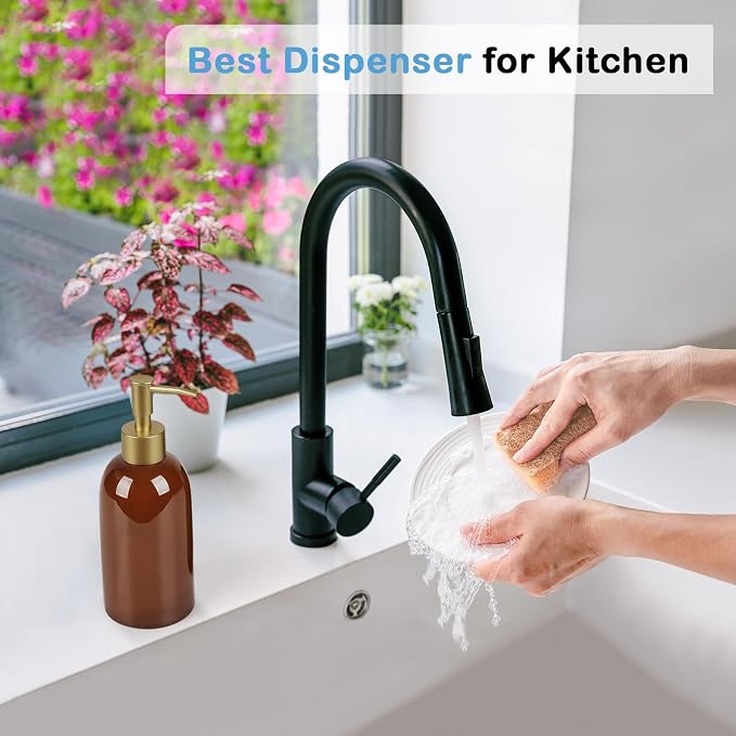Natheeph 14OZ Ceramic Soap Dispenser Can Fill Liquid for Bathroom, Kitchen | Refillable Hand Soap Dish Soap,Detergent for Kitchen, Bathroom, Soap Pump Dispenser Bottle, Ceramic (Amber)