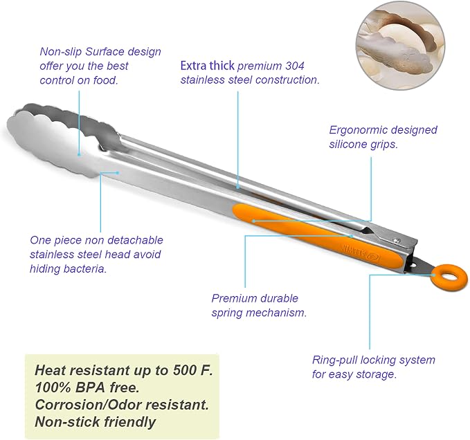 304 Stainless Steel Kitchen Cooking Tongs, 14 & 16 Inch, Set of 2, Orange | Locking Food Tongs with Non-slip Grips and Hanging Loops for Cooking, Grilling, BBQ and Serving, Dishwasher Safe