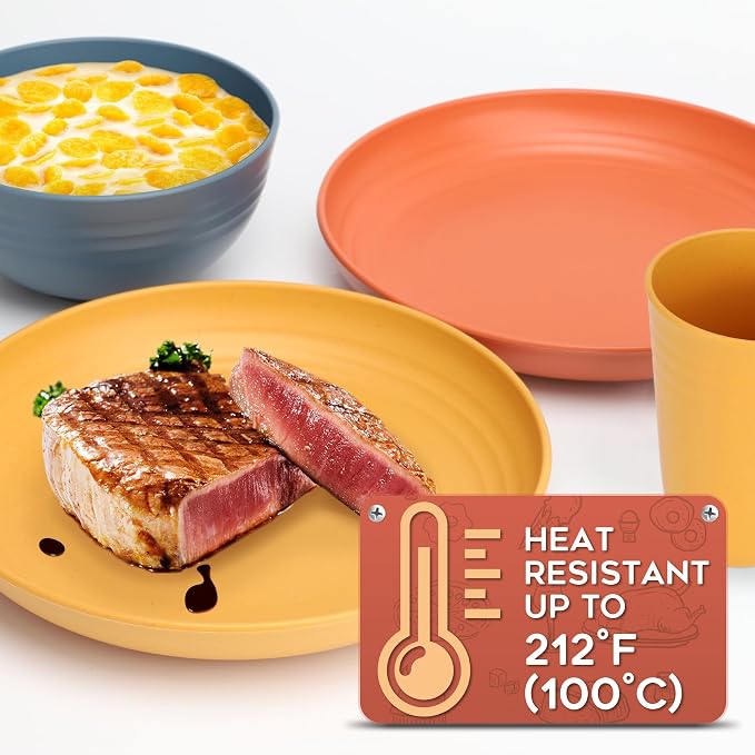 HOTEC 24-Pack Unbreakable Kitchen Plastic Wheat Straw Dinnerware Set – BPA-Free Plates, Bowls & Cups | Lightweight, Microwave & Dishwasher Safe | Multicolor Reusable Tableware for Home & Outdoor Use