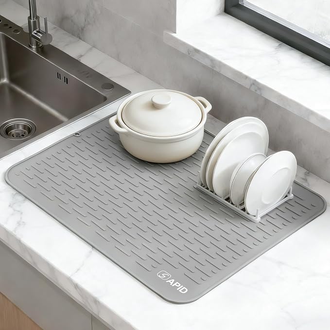 SAPID Silicone Dish Drying Mat: Large 21x18 Inch for Rack & Kitchen Counter | Heat Resistant Mat for Kitchen Counter - Easy Clean Dish Drainer Pad - Kitchen Gadgets / Home Essentials for Households