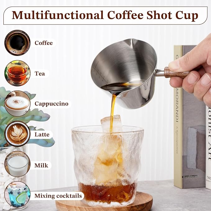 Amrules 6.8oz Espresso Measuring Cup with Wood Handle & Double Spout,Silver | 18/8 Stainless Steel & Wood Handle, V-Shaped Spout for Precision Pouring, Clear Scale Markings, for Coffee, Milk, Tea & Syrup