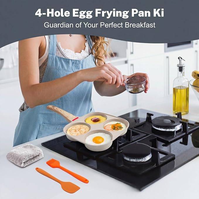 4‑Cup Nonstick Egg Pan Set with Lid – Aluminum Omelette Skillet for Breakfast, Includes Silicone Scraper, Oil Brush, Chopsticks & Cleaning Cloth – Compatible with Gas & Induction Cooktops (White)