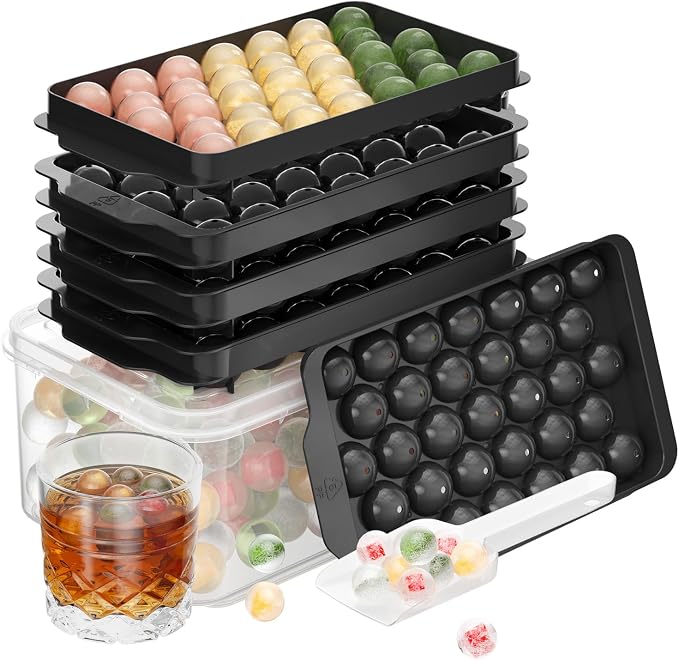 Optish Ice Cube Tray with Lid and Bin, 3 Pack Ice Trays for Freezer, 99 Pcs Round Ice Cube Mold, Ices Maker Bucket with Scoop for Cocktail, Coffee, Rv Accessories, Easy to Release (1 inch, Black)