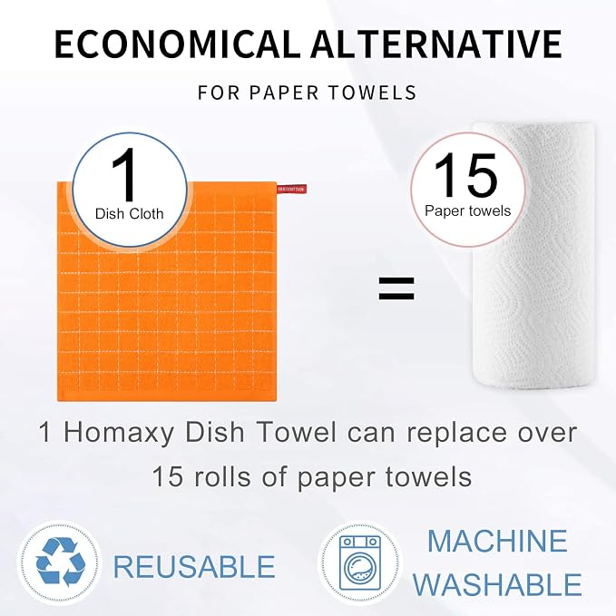 Homaxy 100% Cotton Terry Kitchen Dish Cloths, 8 Pack, Orange | Ultra Soft and Absorbent, Suitable for Drying and Washing Dishes