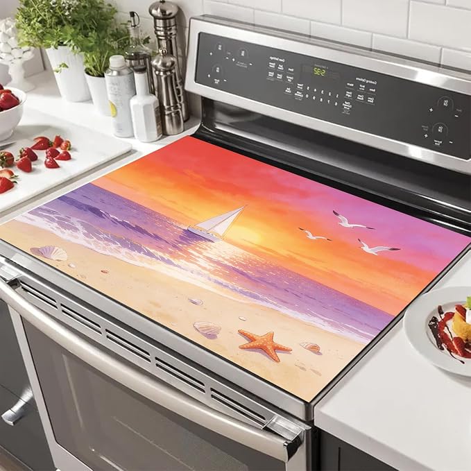 HOMETITUTE Summer Stove Top Covers for Electric Stove 28x20 Inches Sunset Sailboat Beach Heat Resistant Glass Cooktop Protector Pad Decorative Stovetop Cover for Kitchen Coffee Bar Decor