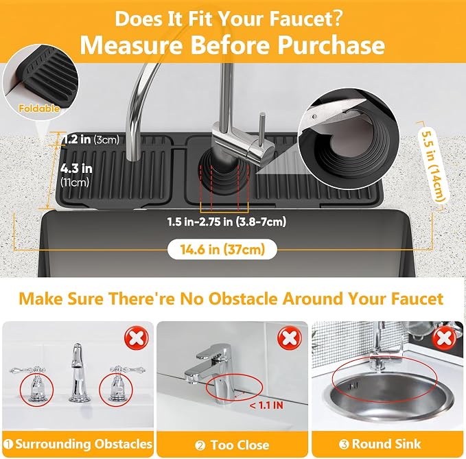 14.6 inch Faucet Mat for Kitchen Sink Splash Guard[7° Slope Fast Self-draining][Snap Lock Fit]Kitchen Sink Faucet Mat Splash Guard Kitchen Sink Area Water Splash Guard Behind Faucet Draining Mat