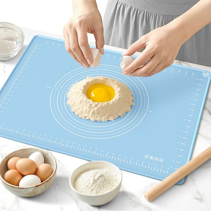 24x16 Silicone Rolling Mat Non-Stick Food Grade Baking Mat w/Measurements | Non-slip edges, heatproof silicone, nonstick, measuring guides, oven/dishwasher safe, tearproof, easy clean.