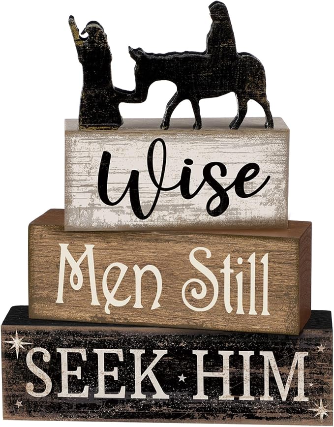 Lineshading 4 Pcs Christmas Nativity Wooden Blocks Wise Men Table Decor | Christian Tiered Tray Decor, Seek Him Message, Rustic Stackable Blocks for Church Home Office Desk, Nativity Scene Display