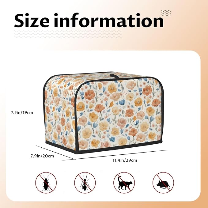 2 Slice Toaster Cover Flower Pattern Vintage Dust Proof Washable Kitchen Appliance Cover with Pocket, Oxford Fabric Countertop Toaster Protector for Standard Toasters Small Appliances