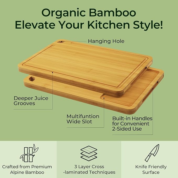 Keechee Bamboo Cutting Board, Cutting Board for Kitchen with Handles | Non Toxic, Resisted-Cracking&Curling, Deep Juice Groove, Side Handles,Cross-Laminated Structure, Knife-Friendly, Gifts Ready