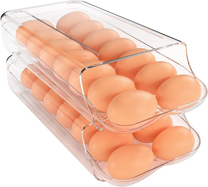 theaoo Egg Holder for Fridge, Automatic Rolling Egg Container, Clear, 2Pack | Quick Removable Inner Tray For Easy Egg Loading. Stackable Egg Dispenser For Refrigerator Storage and Organization