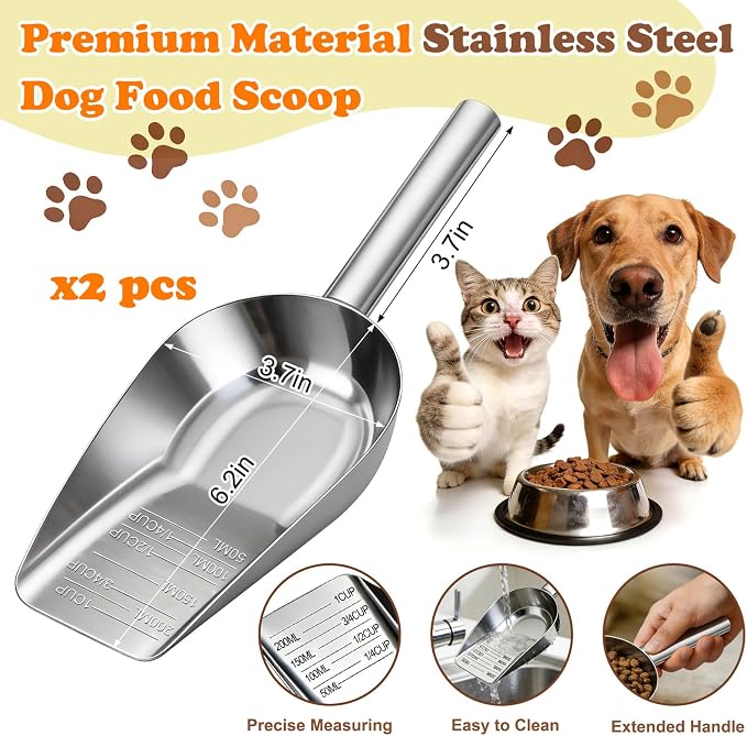 Mity rain 2PCS Dog Food Scoop Stainless Steel with Long Handle | Precise Measuring Cups, 1, 3/4, 1/2, 1/4 Cup, Pet Scoop for Cats, Rabbits, Animals, Metal Spoon for Dog Food Storage (2 CUP)
