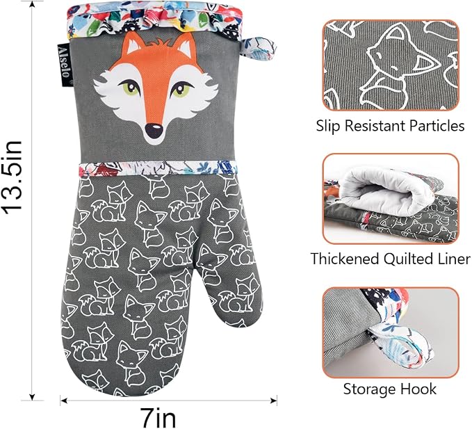 Alselo Oven Mitts 1 Pair, Silicone Printed Kitchen Mittens,7"x13.5" | Heat Resistant & Non-Slip Oven Gloves, Fashion Animal Design with Soft Quilted Cotton Lining for Baking Cooking BBQ (Grey 2)