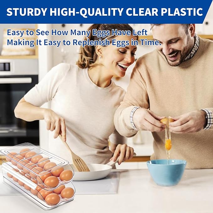 MesRosa Egg Holder for Fridge, Automatic Rolling Egg Organizer -2 Layer | Stackable Clear Egg Container & Tray for Refrigerator, Durable Dispenser and Storage with Sturdy Lid to Saving Space