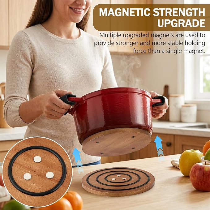 8 Inch Upgraded Strong Magnets Wooden Trivet, Wood Trivet with 3 Heat‑Resistant Silicone Rings, Magnetic Pot Holder for Cast Iron Pots, Pans & Hot Dishes, Includes 2 Silicone Pot Grips