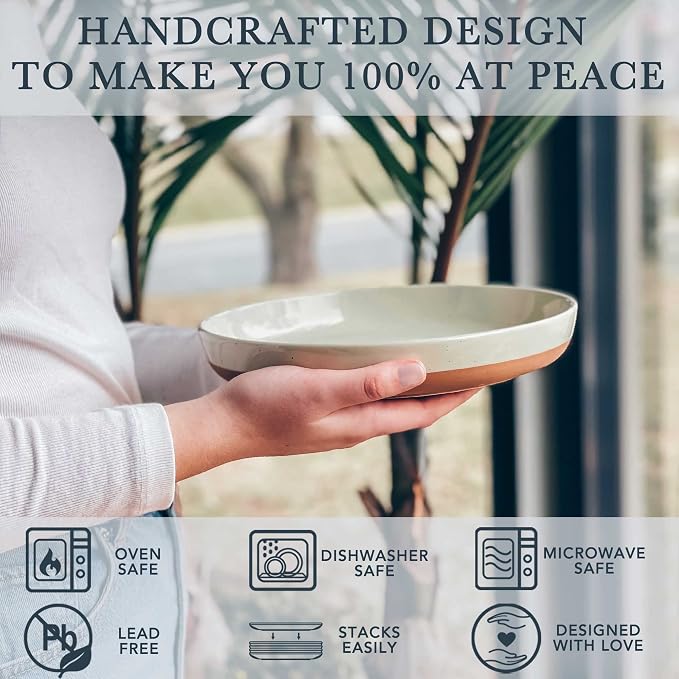 Mora Ceramic Flat Pasta Bowl Set of 4-35oz, Microwave Safe Plate with High Edge for Kitchen and Eating, Large Wide Bowls/Plates for Serving Dinner, Salad, etc- Neutrals