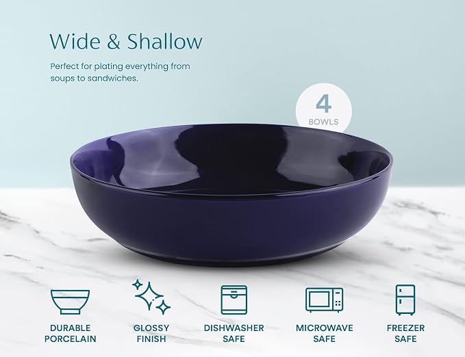 KooK Pasta Bowl, Salad Bowls, Soup, Serving Bowls, Ceramic, Large Capacity, Microwave & Dishwasher Safe, Set of 4, 40 Oz, (Cobalt)