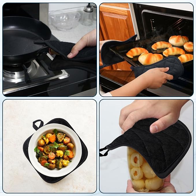 6pcs Pot Holders for Kitchen, Cotton Kitchen Hot Pads, Heat Resistant Oven Mitts and Pot Holders Sets (Black,6)