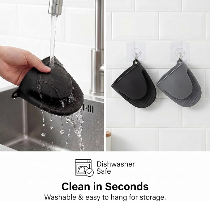 Silicone Kitchen Oven Mitts Set, Mini Finger Protector Cooking Pinch Grips Pot Holder Toaster Oven Accessories,BBQ Baking Mittens Heat Resistant Gloves, 2 Pairs（Black and Cool Gray）