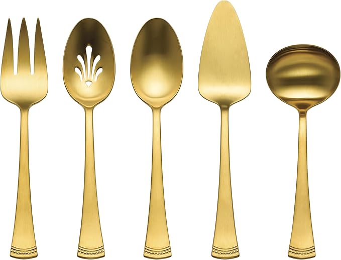 Lenox Portola Gold Satin 5-Piece Silverware Serving Set, Flatware | gold, dishwasher safe | heavy duty, cutlery set for kitchen and dining, serving utensil set, wedding silverware