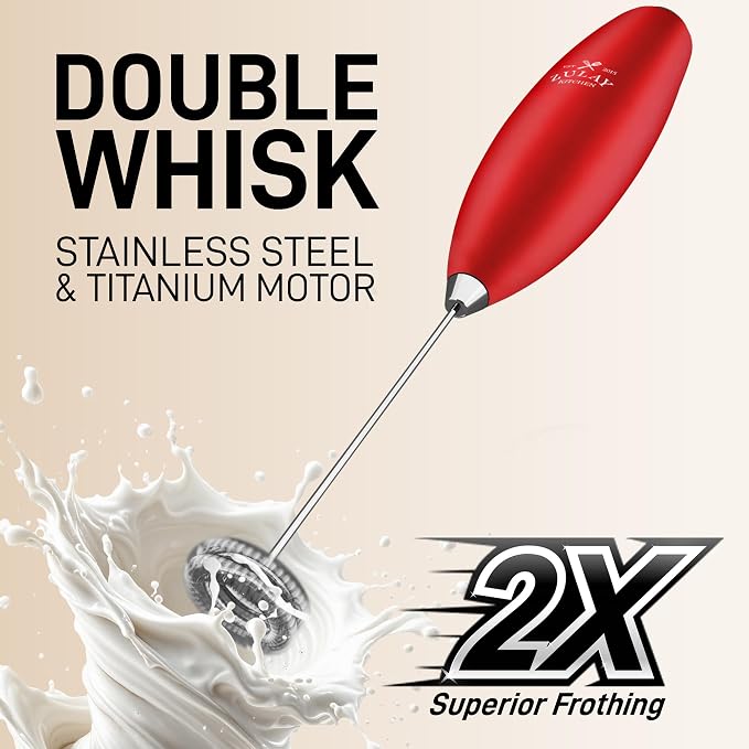 Zulay Kitchen Powerful Milk Frother Wand With Duracell Batteries - Ultra Fast Handheld Drink Mixer - Electric Whisk Foam Maker for Coffee, Lattes, Cappuccino & Matcha - Double Whisk - Red