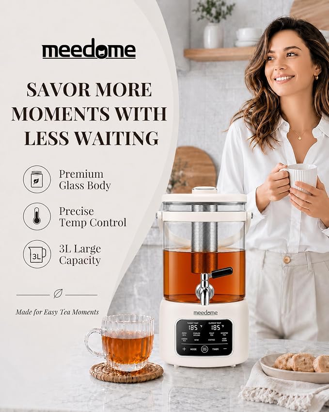 3L Electric Kettle & Beverage Dispenser with Infuser, Spigot - All-in-One Health Pot for Iced Tea/Coffee, Temperature Control, Glass Pitcher - Home & Office Use