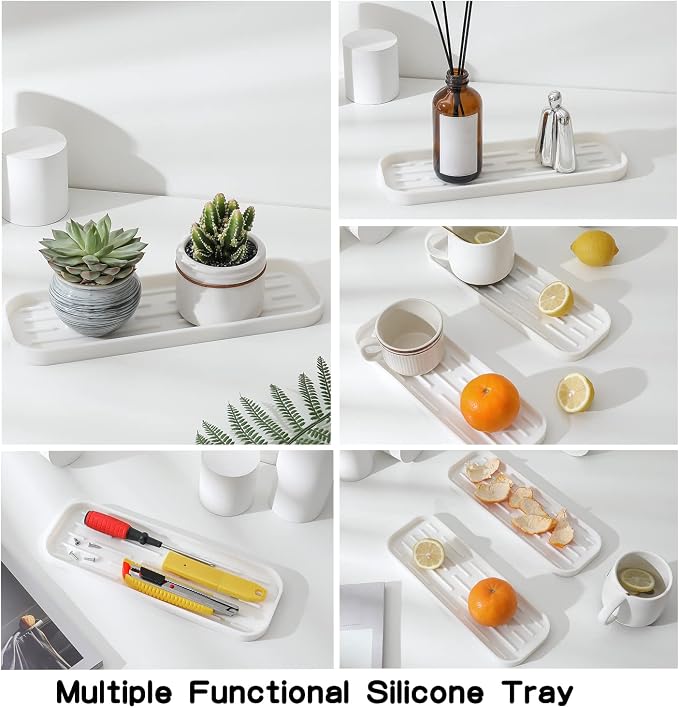 MicoYang Silicone Kitchen Sink Organizer Tray for Multiple Usage,Eco-Friendly Sponges Holder for Kitchen Bathroom Counter or Sink,Dish Soap Dispenser,Scrubber,Bottle,Cup (White, 12"×4")