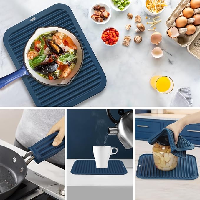 Silicone Mats for Kitchen Counter, 9x12'' Trivets for Hot Pots and Pans, Navy Blue Silicone Trivets for Hot Dishes, Protect Table Quartz Countertops, Indigo
