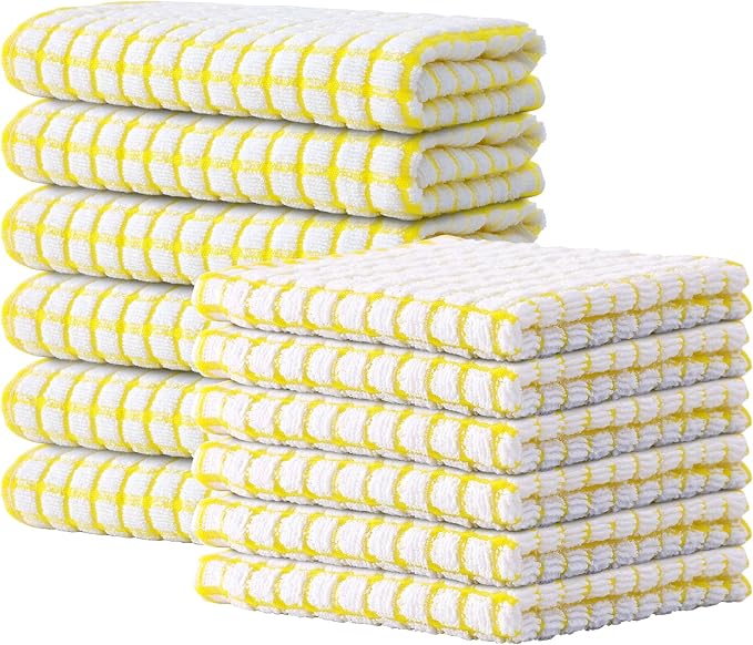 Kitinjoy Cotton 12 Pack Kitchen Towels and Dishcloths Sets, Yellow | 16 x 25 Inch & 12 X 12 Inch Dish Towels Bulk, Super Soft and Absorbent hand towels for kitchen Drying