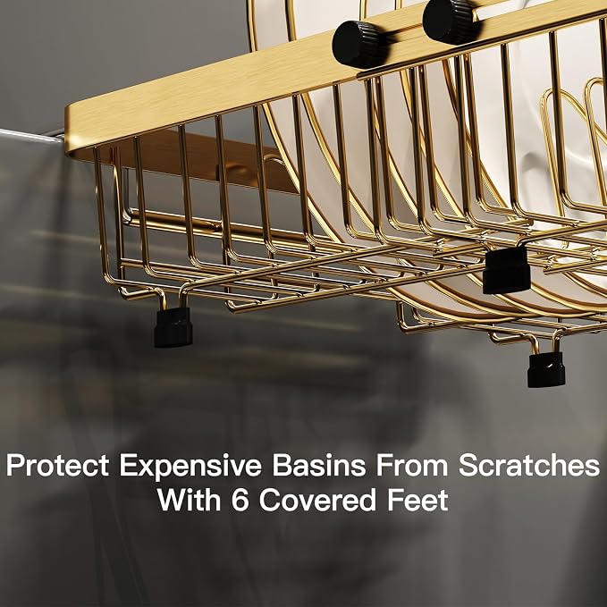 Gold Dish Drying Rack Over The Sink with Utensil Holder | Expandable Stainless Steel Dish Drainer for Small Kitchen, Apartment, RV, Counter Space Saving, Perfect Fit, Rustproof