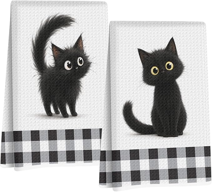 Jztco 2 Pcs Cute Cat Kitchen Towels, Cat Gifts Reusable Hand Towels-2 | Cat Dish Cloths for Drying Dishes, Cats Waffle Dish Towels for Kitchen Bathroom Decor, Cat Lover Gifts for Women Grandma Mom