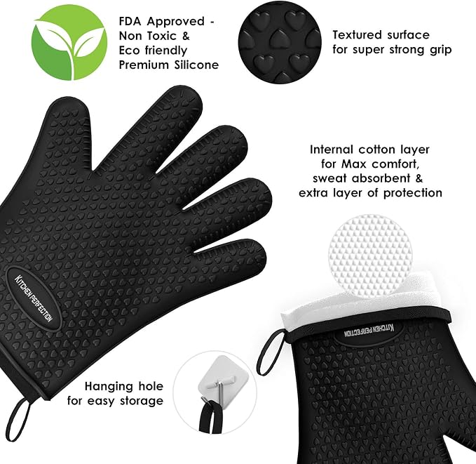 KITCHEN PERFECTION XL Silicone Smoker BBQ Gloves -Heat Resistant Oven Mitts | Waterproof, 5-Finger Design For A Better Grip, for Pitmasters, Meat Smoking, Grilling, Cooking, Frying Turkey | Grill Gift