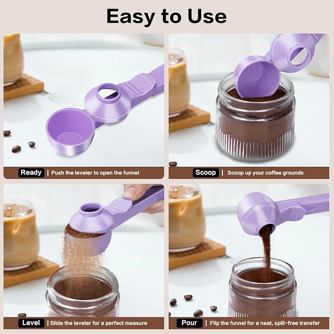 2-in-1 Coffee Scoop with Funnel, 2 Tbsp Measuring Spoon for Reusable K Cups, Ground Coffee, Protein Powder & Tea, Mess-Free Plastic Design（Light Purple-2pack）