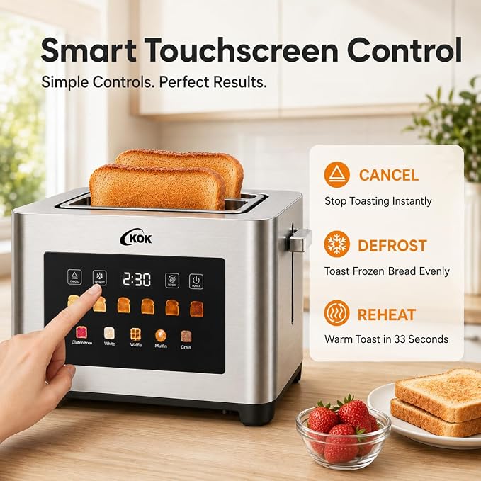 KOK 2 Slice Touch Screen Toaster, Stainless Steel Smart Toaster with 1.6” Extra Wide Slots, 6 Browning Levels & 5 Bread Presets, Digital Timer Defrost Reheat Cancel, Removable Crumb Tray for Kitchen