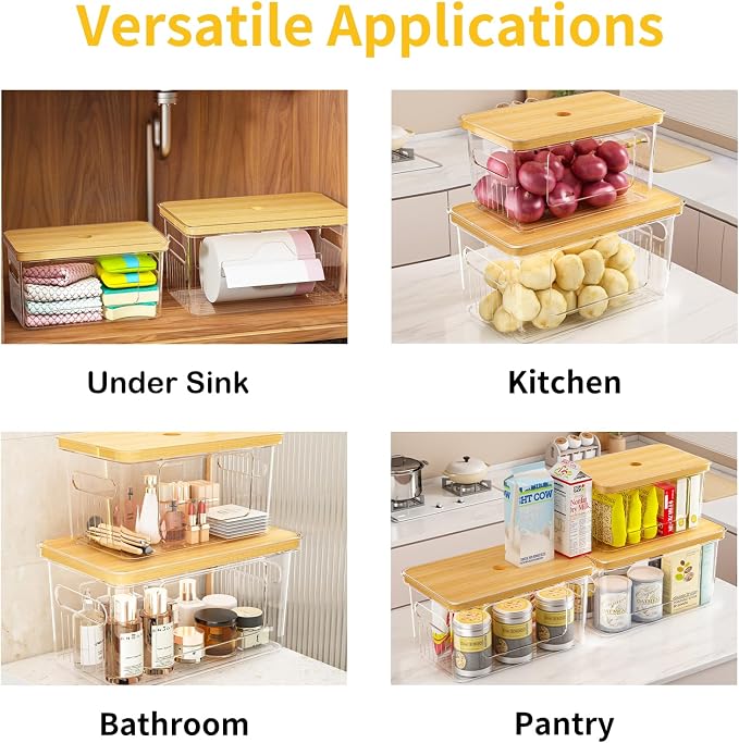 2 Pack Trash Bag Holder with Bamboo Lid, Stackable Garbage Bag Dispenser Under Sink, Storage Organizer for Kitchen, Laundry, Pantry