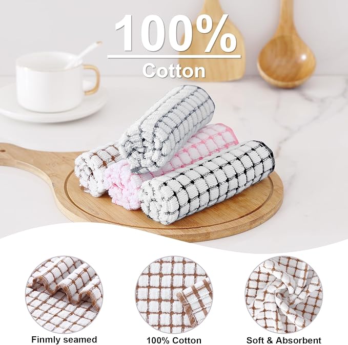 Kitinjoy Cotton 16 Pack Terry Kitchen Dish Cloths, Mix Color | 12 x 12 Inches Super Soft and Absorbent Dish Rags, Quick Drying Dish towels for Washing Dishes