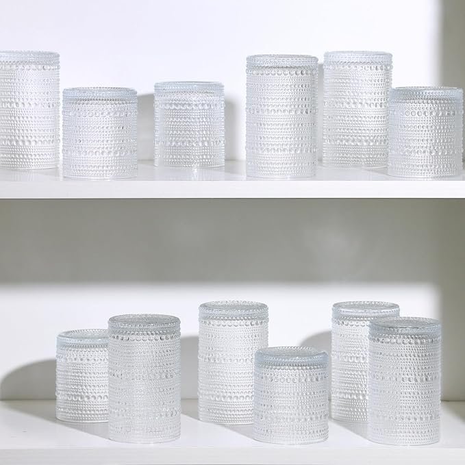 Moretoes Hobnail Drinking Glasses Set of 6, Vintage Water Glass Cups | 12 Oz Highball Glasses & 10 Oz Cocktail Glasses, Clear Embossed Boho Kitchen Bar Tumbler for Whiskey, Beer, Juice, Milk