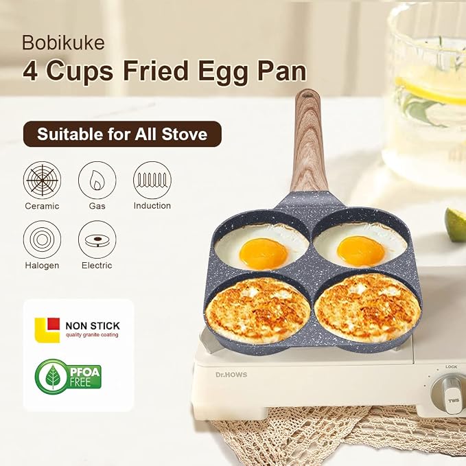 Fried Egg Pan, 4 Cups Egg Frying Pan Nonstick - Black | Egg Poacher Pan Mini Pancake Pan Burger Maker for Breakfast, Aluminum Alloy